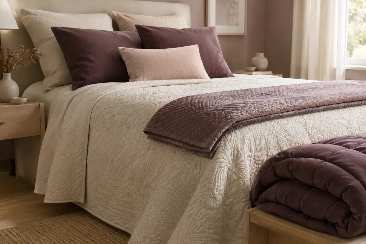 Couvre-lit texturé et édredon disposés sur un lit aux tons crème
