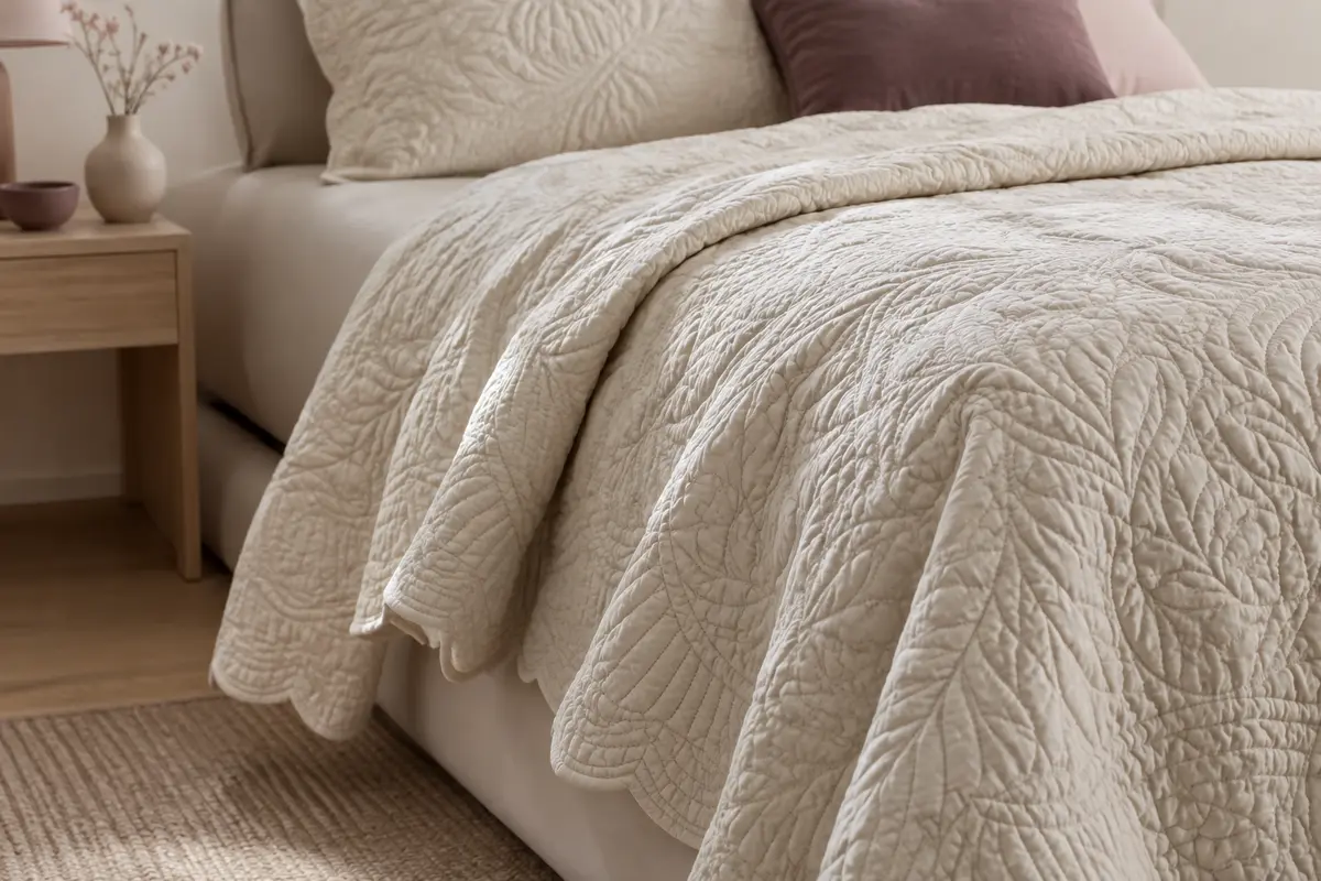 Boutis piqué aux motifs en relief sur un lit ivoire