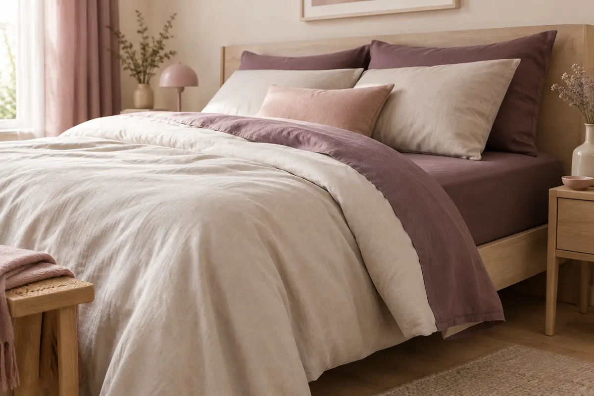 Lit habillé de draps ivoire et d’une housse de couette aux plis doux