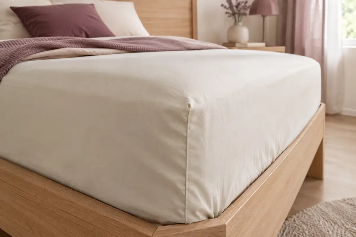 Coin de drap-housse ivoire ajusté autour d’un matelas clair