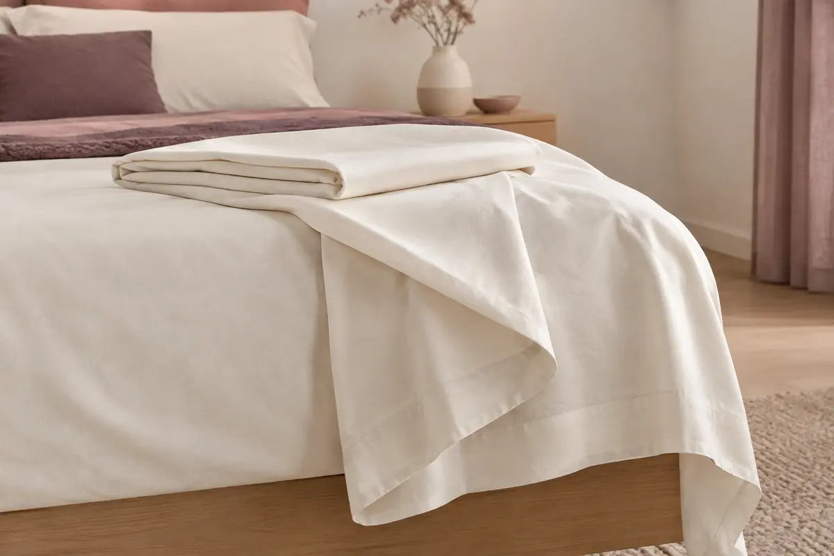 Drap plat ivoire plié au pied d’un lit aux tons doux