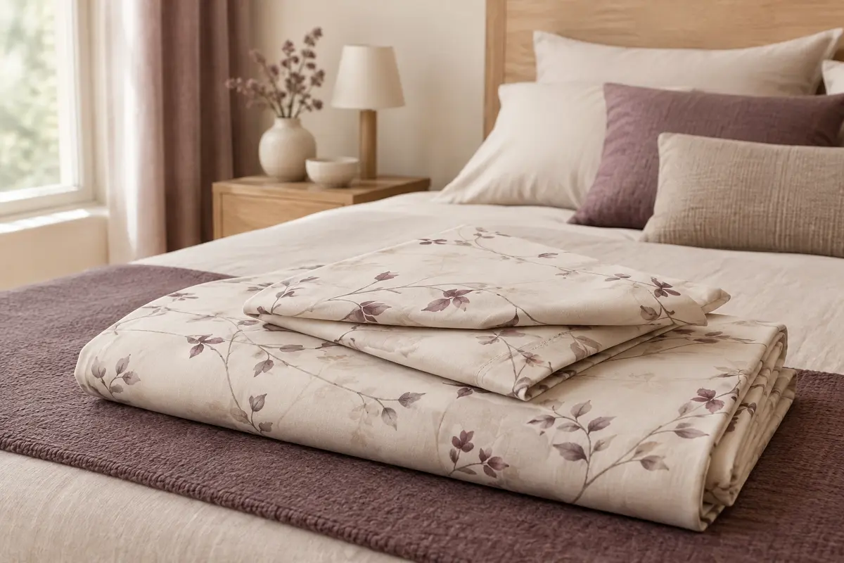Drap plat et taies assorties présentés comme une parure