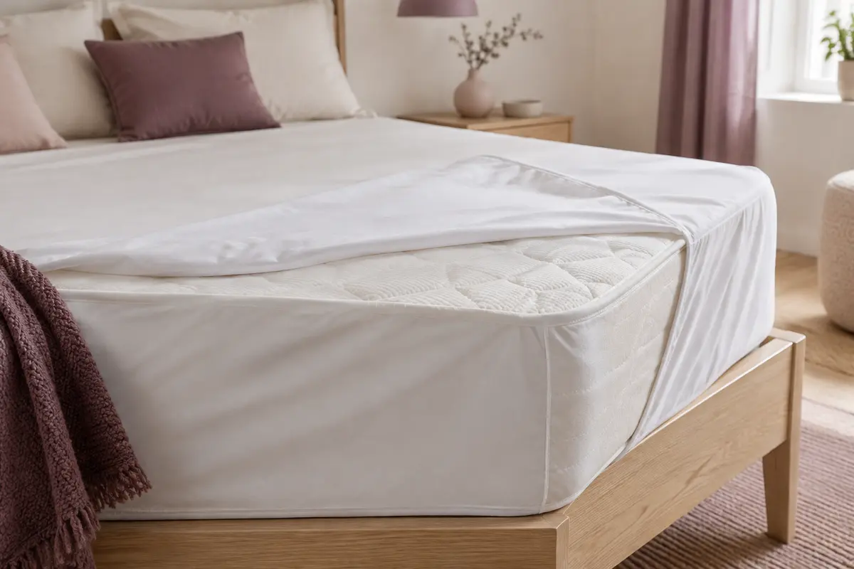 Protection blanche ajustée sur un matelas à la lumière douce
