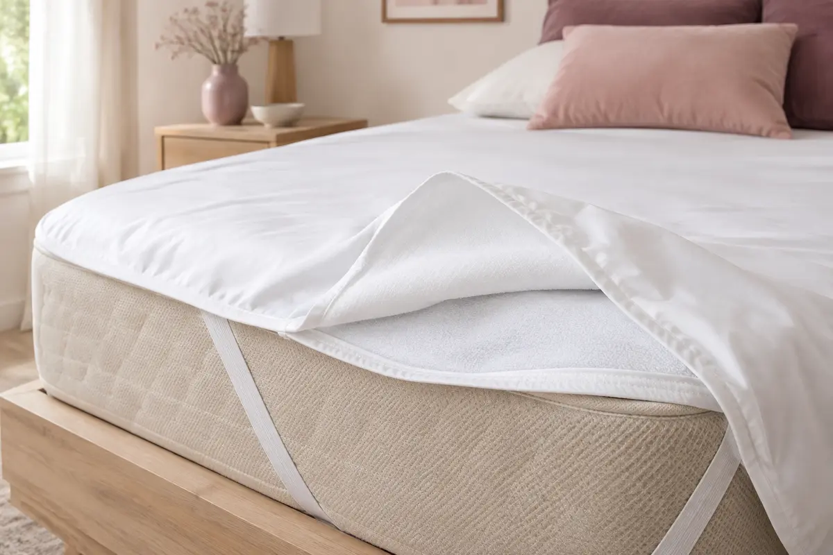 Alèse blanche imperméable présentée sur un matelas clair