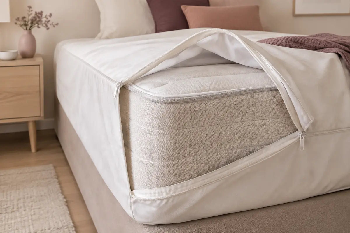 Housse intégrale ouverte autour d’un matelas avec fermeture visible
