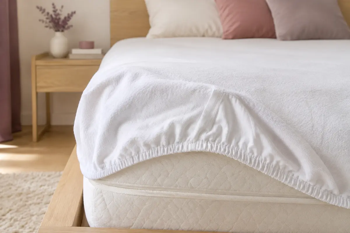 Protège-matelas blanc ajusté sur un matelas avec un coin relevé