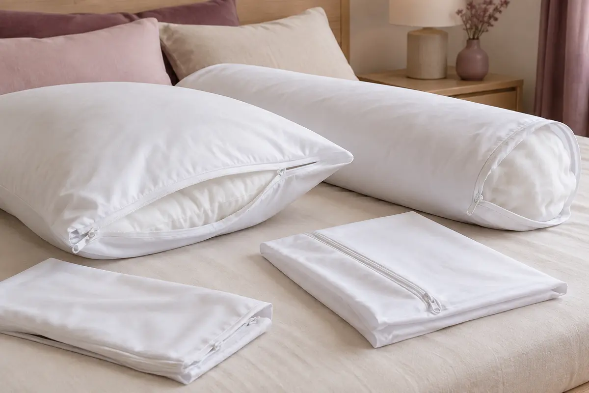 Protections blanches pour oreiller et traversin disposées sur un lit