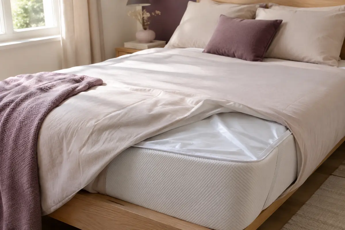 Lit avec drap-housse relevé sur un coin, laissant voir une protection blanche posée sur le matelas