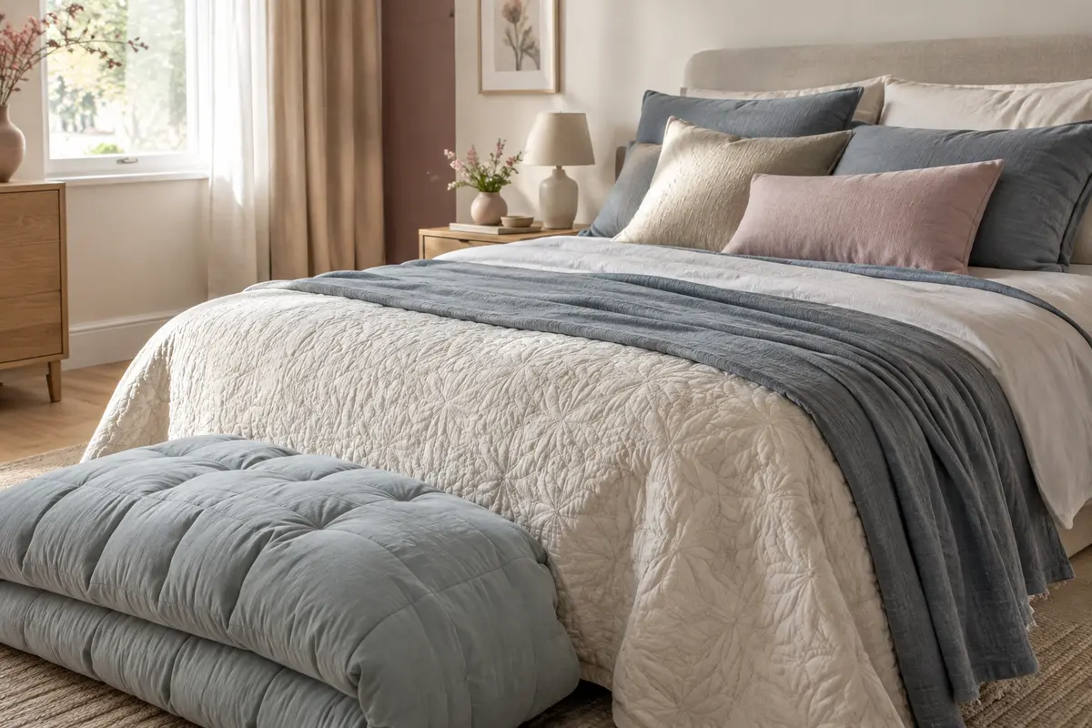 Boutis matelassé, couvre-lit souple et édredon disposés sur un lit pour comparer leur tombé.