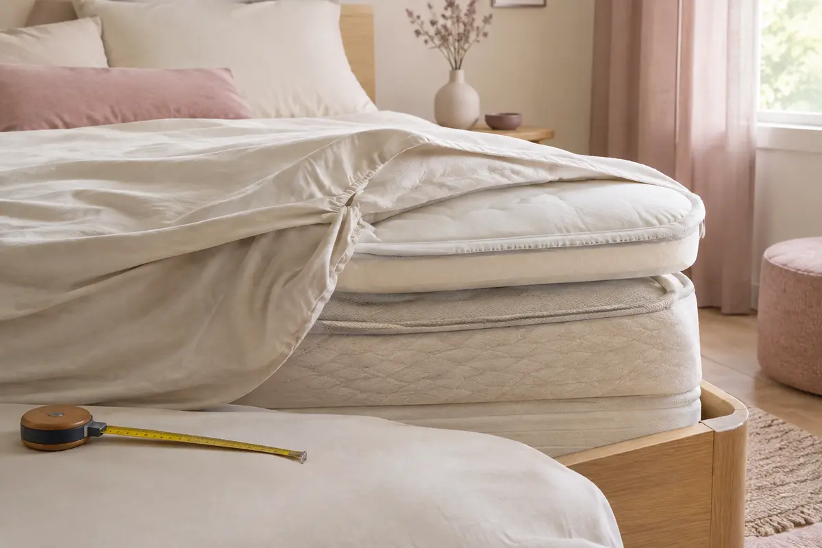 Drap-housse soulevé au bord d’un matelas avec surmatelas, près d’un mètre ruban posé pour la mesure.