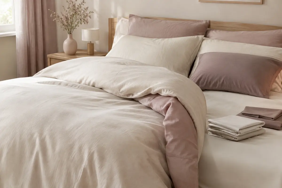 Parure de lit coordonnée avec housse de couette et taies présentées séparément sur un lit