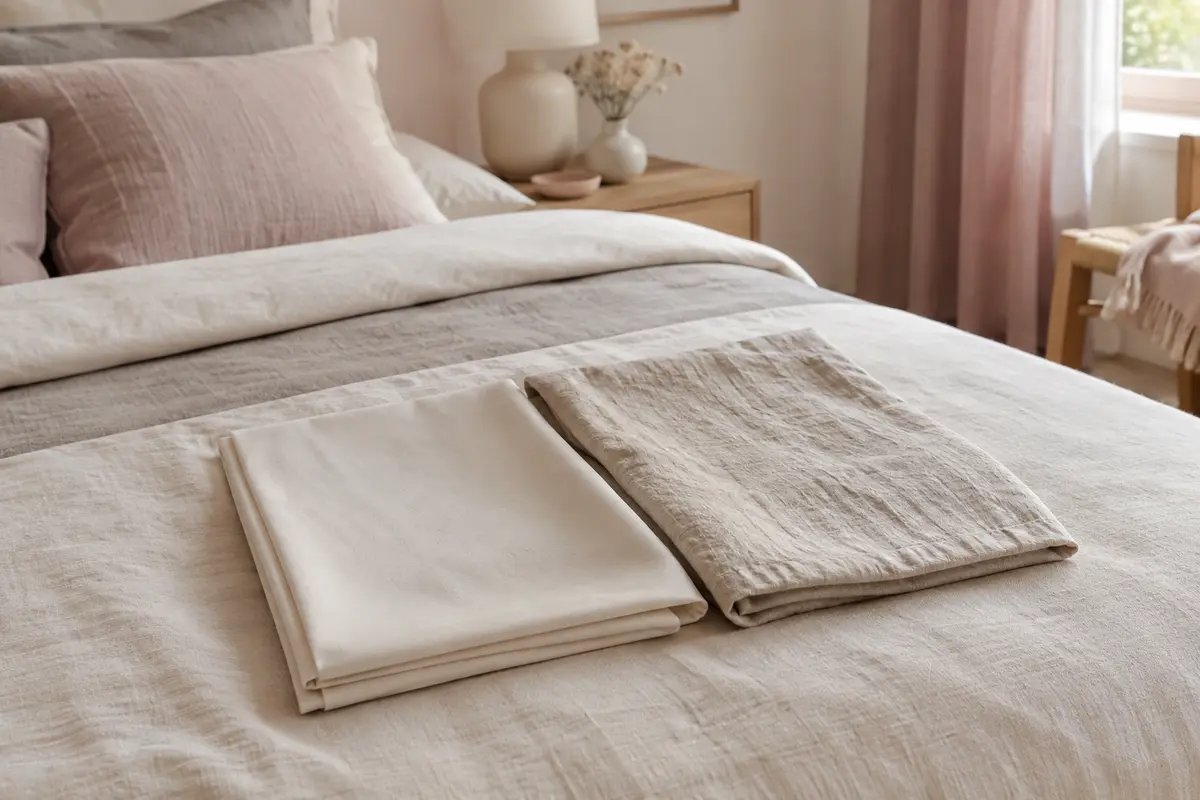 Draps en coton lisse et en lin texturé présentés côte à côte sur un lit clair