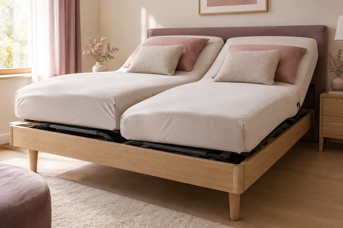 Lit articulé relevé avec deux matelas séparés, chacun équipé d’un drap-housse bien ajusté.