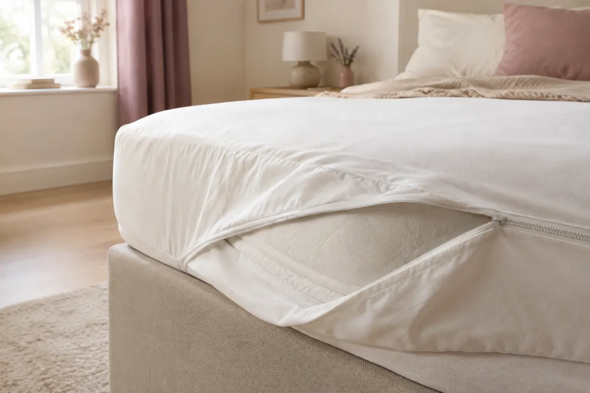 Housse intégrale blanche installée autour d’un matelas, avec sa fermeture à glissière visible sur le côté.