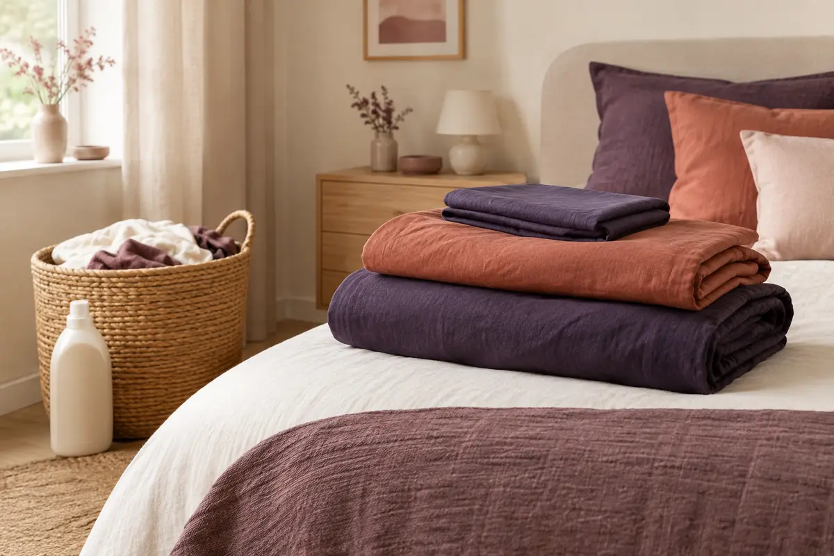 Draps en coton colorés pliés dans une chambre lumineuse, avec des teintes myrtille et terracotta.