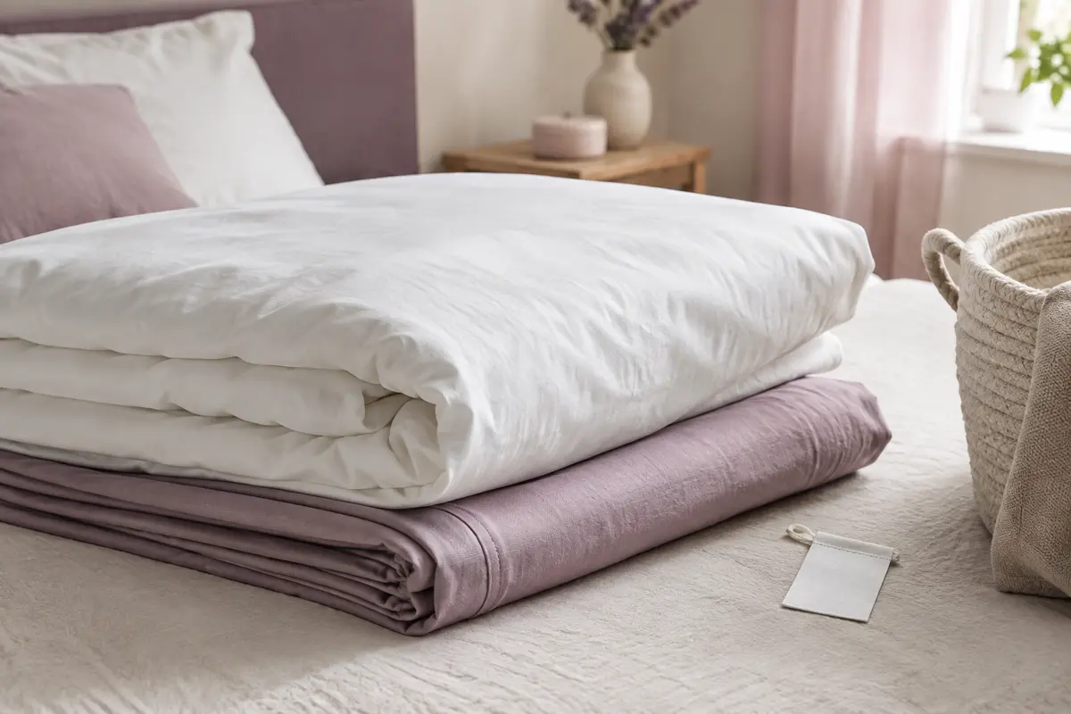 Draps neufs pliés près d’une étiquette d’entretien, prêts pour un premier lavage adapté à leur matière