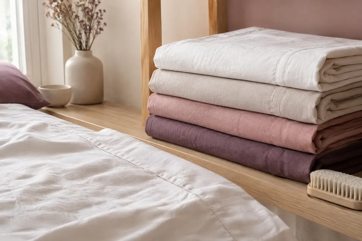 Draps pliés et textile en coton près d’une brosse, illustrant les soins du linge de lit