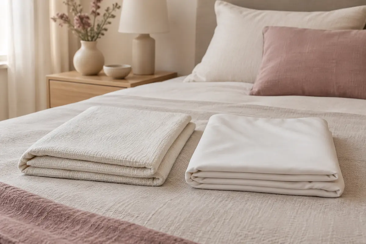 Deux draps pliés en coton et en microfibre posés côte à côte sur un lit clair