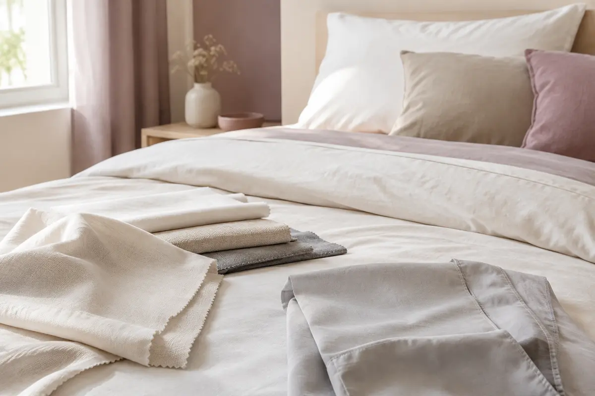Draps et échantillons de tissus aux tissages variés pour comparer les matières du linge de lit
