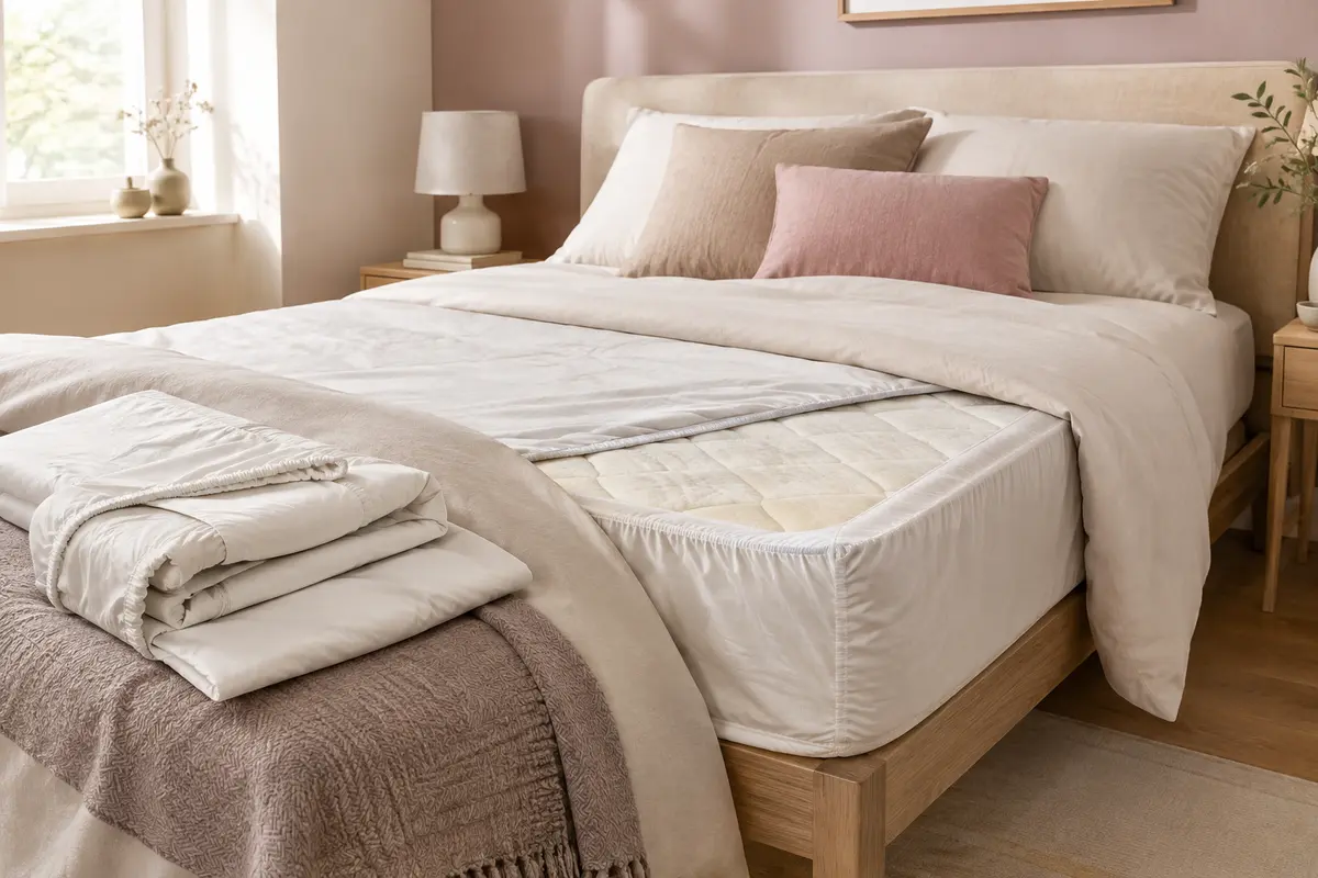 Lit avec matelas partiellement découvert montrant une protection ajustée et une housse intégrale pliée