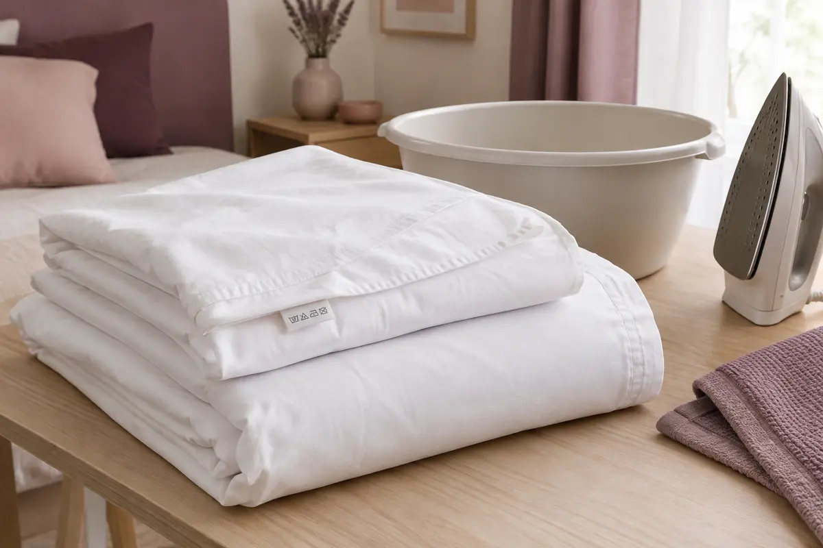 Draps pliés et étiquette textile évoquant les consignes de lavage, de séchage et de repassage