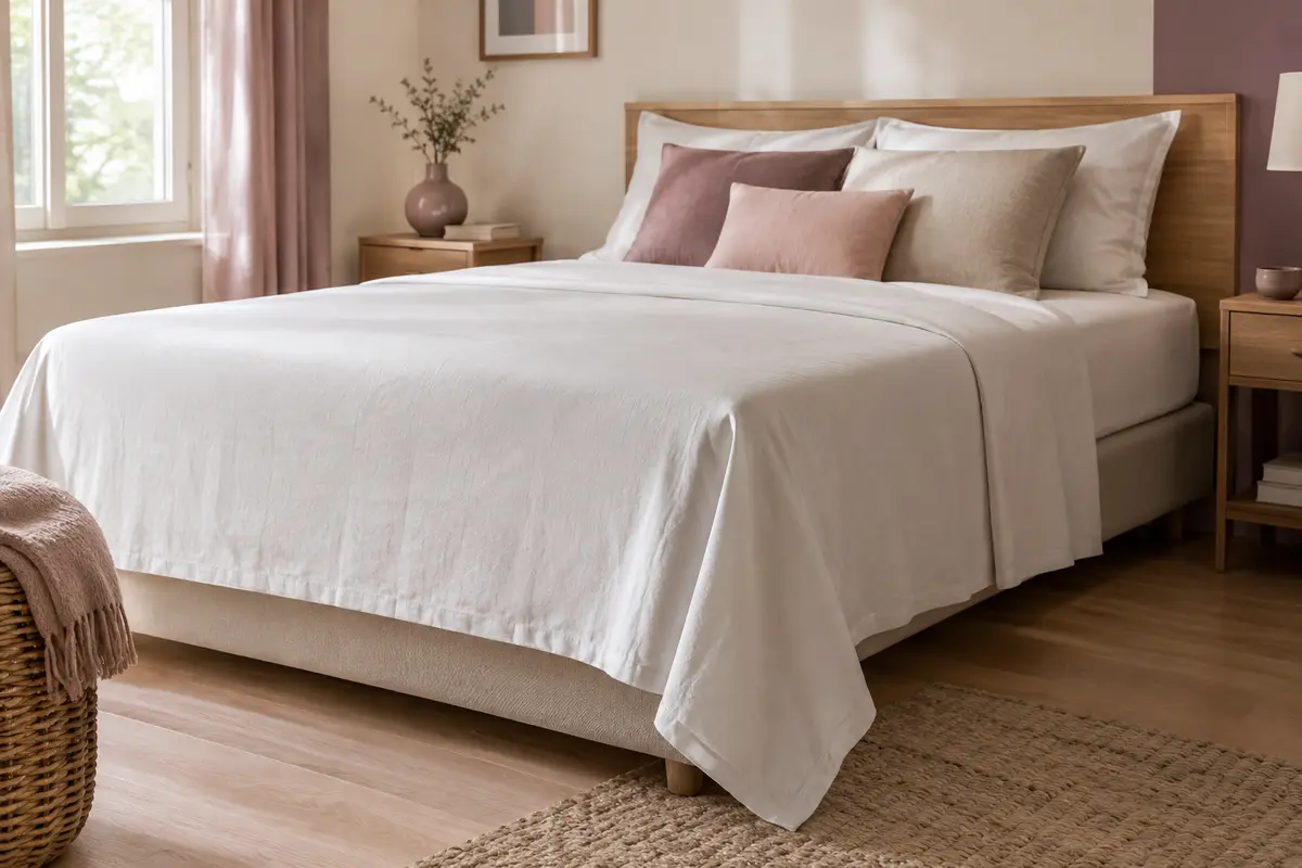 Drap plat bordant un matelas épais, avec une retombée visible sur les côtés du lit