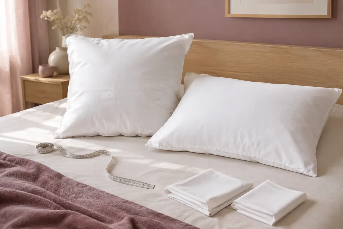 Oreillers carré et rectangulaire posés près d’un mètre ruban et de taies de formats différents