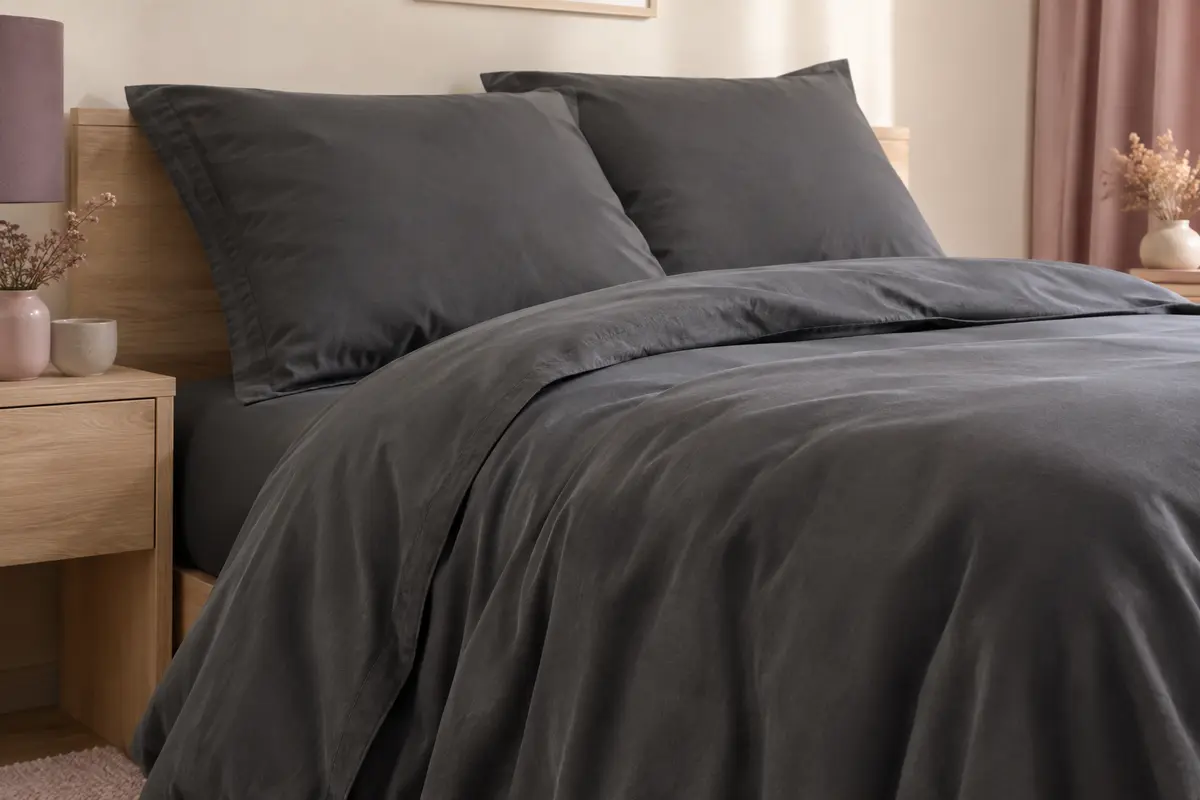Parure de lit gris foncé en microfibre brossée, avec housse de couette et deux taies assorties sur un lit