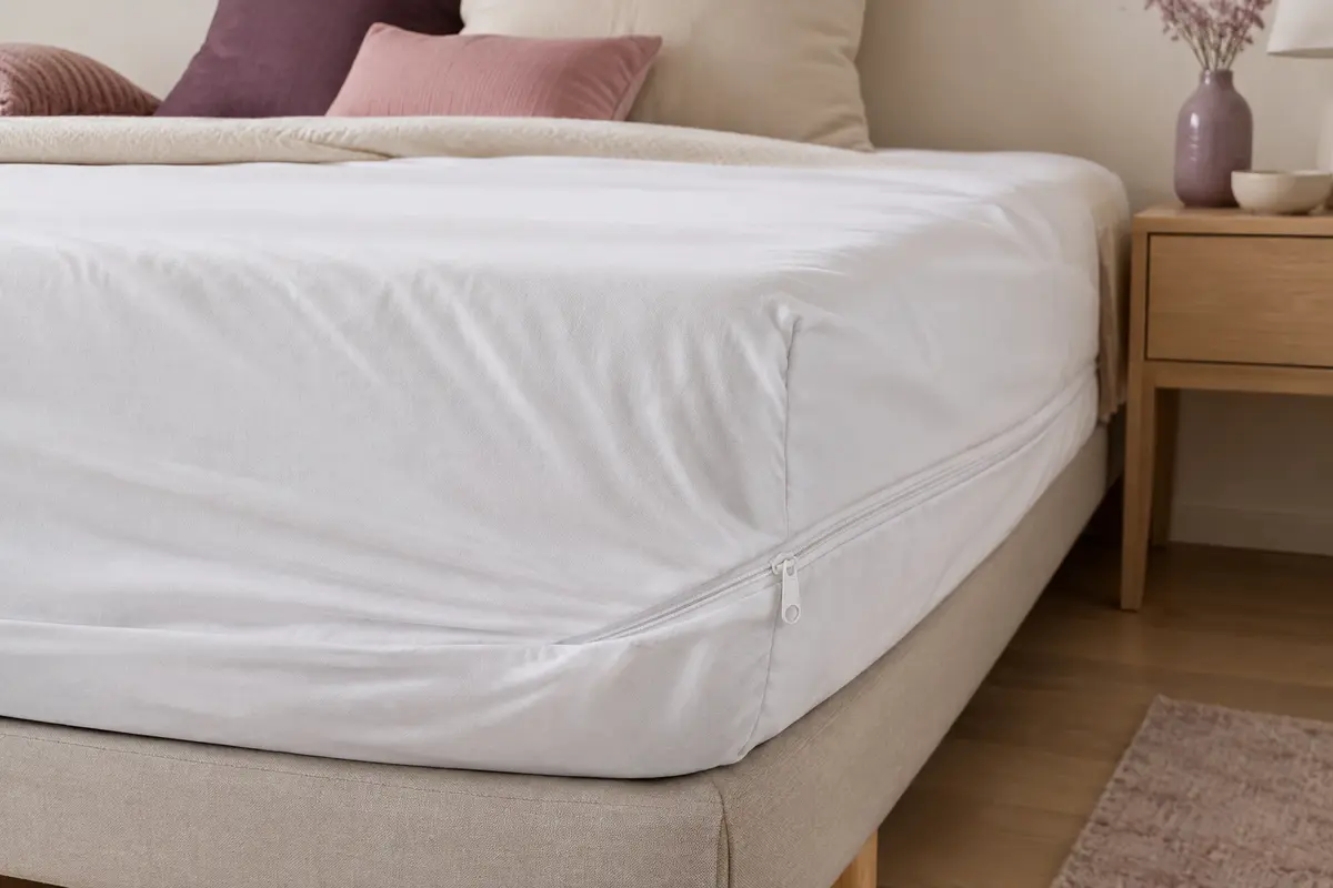 Housse intégrale blanche à fermeture zippée posée sur un matelas dans une chambre aux tons doux.