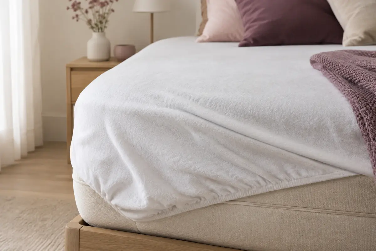 Protège-matelas blanc en molleton de coton posé sur un matelas, avec sa jupe extensible et ses plis visibles.