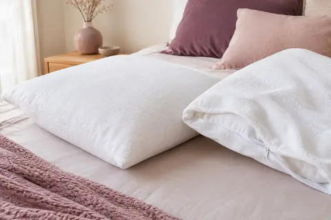 Deux protège-oreillers blancs en éponge, avec fermeture zippée, présentés dans une chambre aux tons doux.
