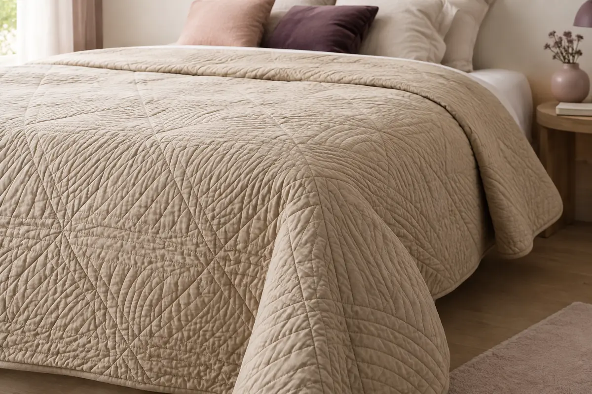 Boutis matelassé beige sable à motif géométrique posé sur un lit, avec surpiqûres et coins arrondis