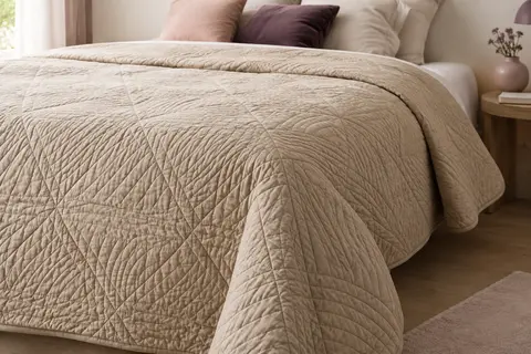Boutis matelassé beige sable à motif géométrique posé sur un lit, avec surpiqûres et coins arrondis