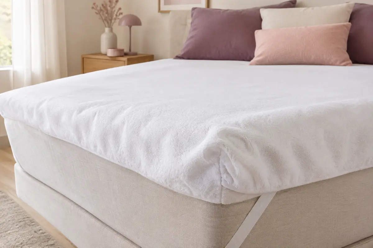 Protège-matelas blanc en coton molletonné posé sur un lit, avec un élastique visible au coin