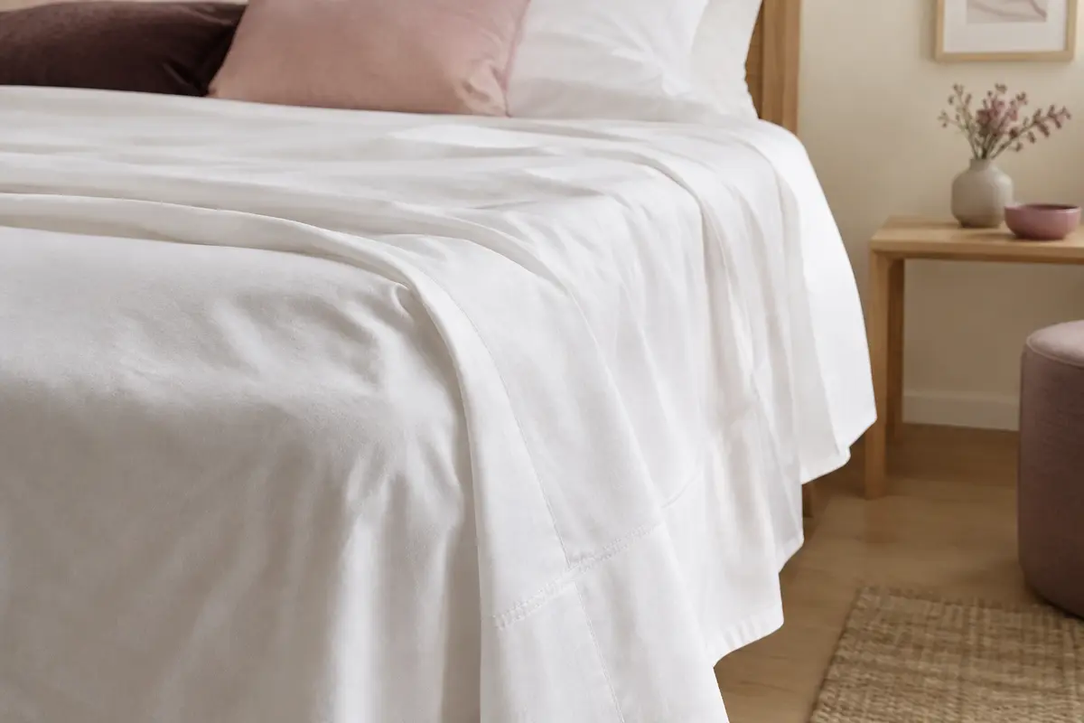 Drap plat blanc en coton posé sur un lit, avec un gros plan sur le tombé et la finition surpiquée.