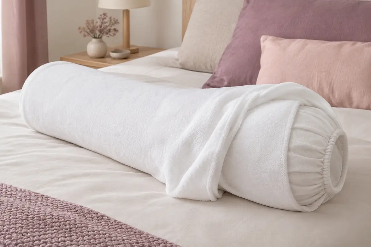 Protège-traversin blanc en molleton de coton, posé sur un lit dans une chambre aux tons doux.