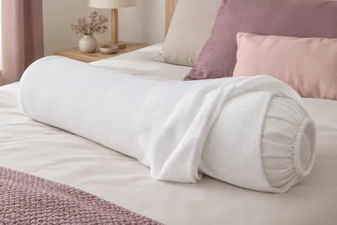 Protège-traversin blanc en molleton de coton, posé sur un lit dans une chambre aux tons doux.