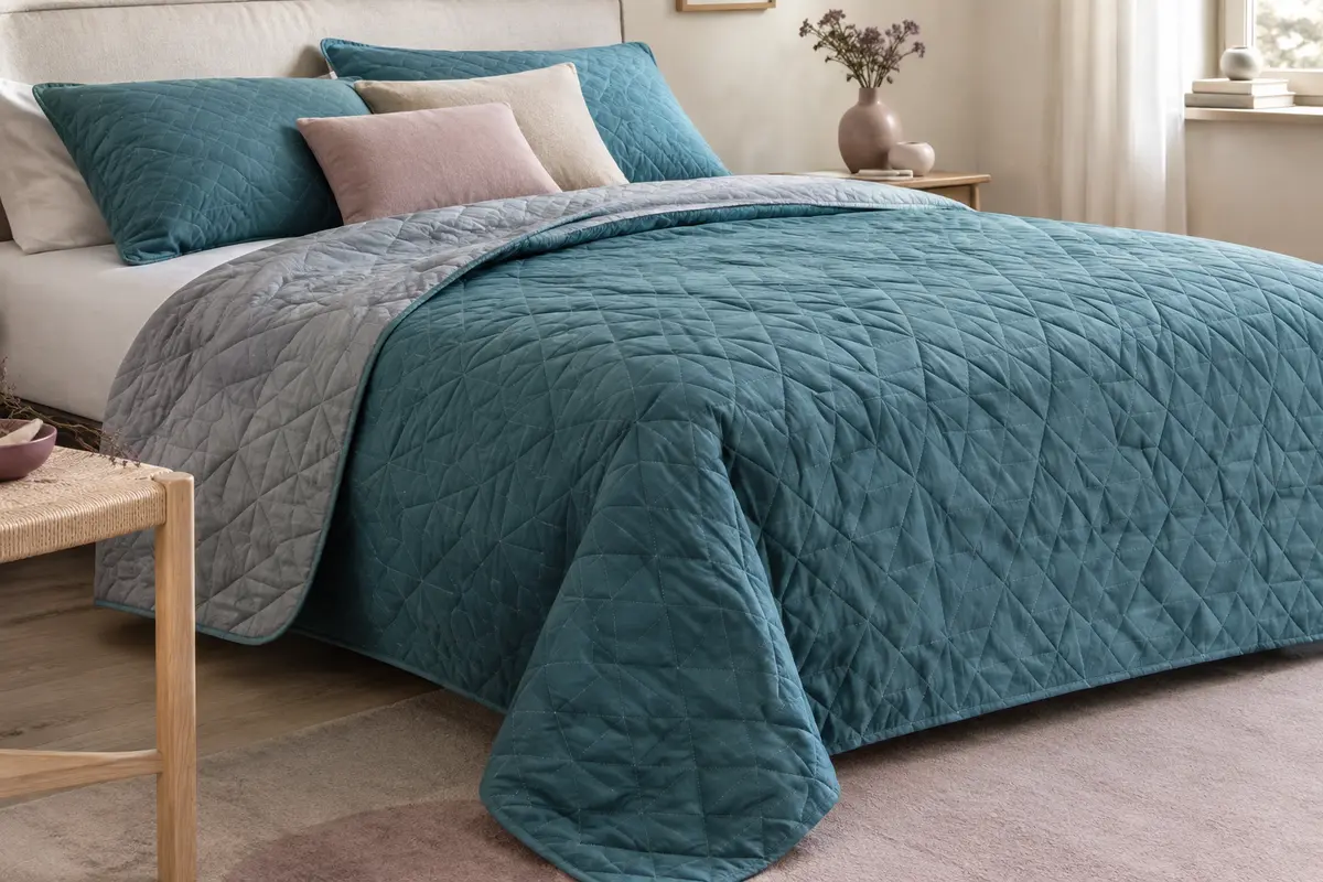 Couvre-lit réversible matelassé turquoise et acier posé sur un lit dans une chambre aux tons doux