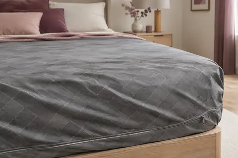 Housse intégrale grise en polyester sur un matelas, avec fermeture éclair périphérique et motif Argyle.