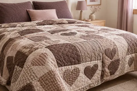 Boutis matelassé marron à patchwork de cœurs, posé sur un lit dans une chambre aux tons doux.