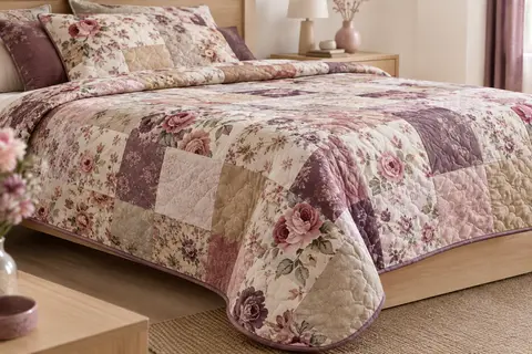 Couvre-lit matelassé en patchwork multicolore à roses, posé sur un lit avec son passepoil visible