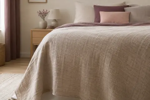 Couvre-lit Adele tissé en teinte naturelle posé sur un lit dans une chambre aux tons doux