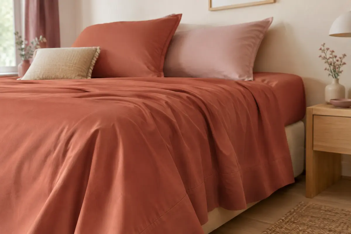 Drap plat terracotta en percale de coton posé sur un lit, avec un tombé souple et des plis naturels.