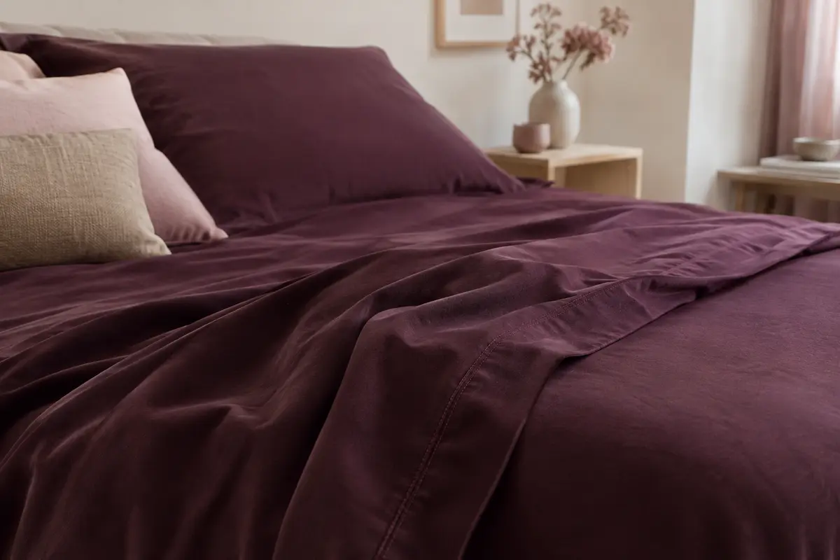 Drap plat uni en coton à la teinte myrtille, posé sur un lit dans une chambre aux tons doux.