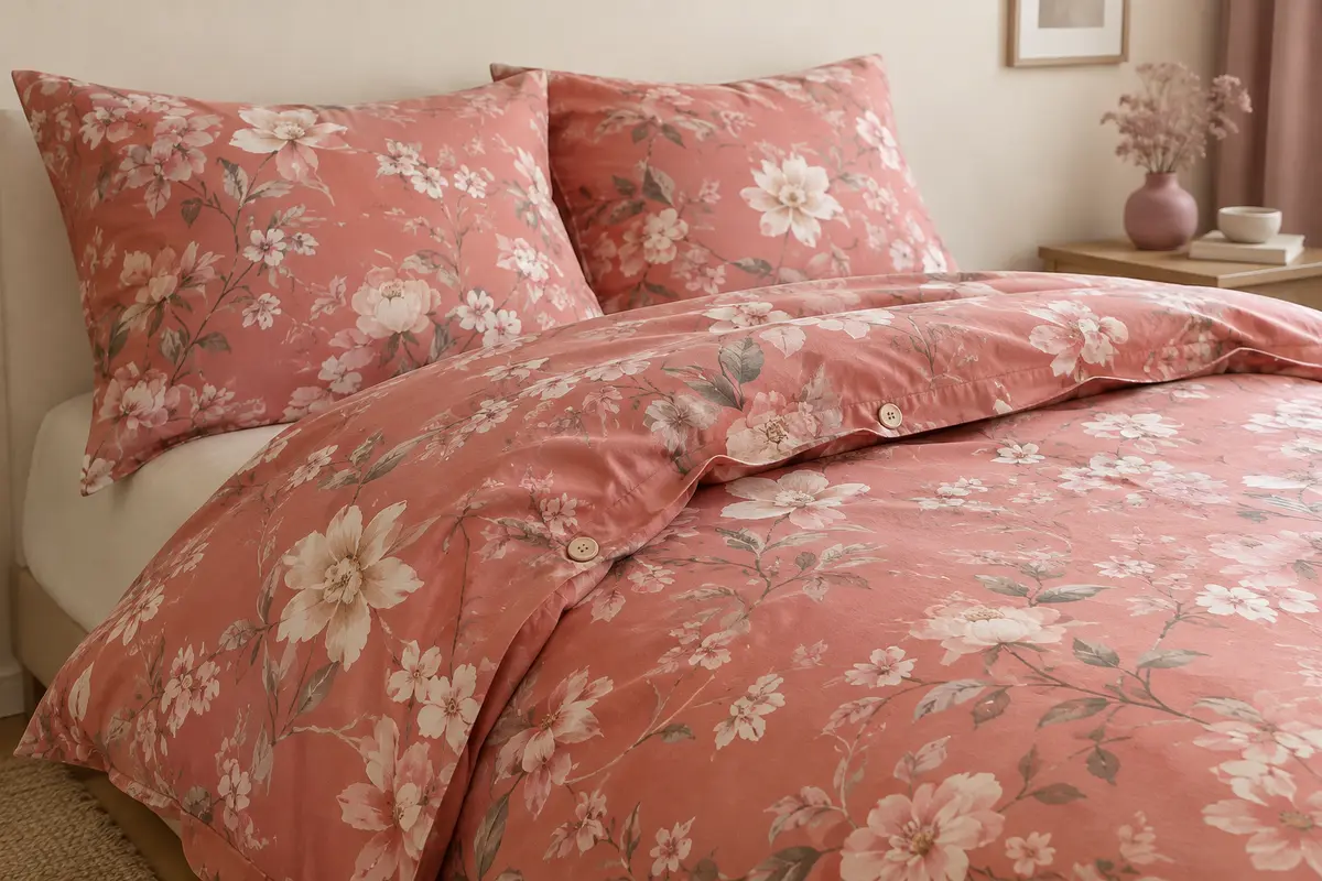 Parure de lit en coton à fleurs Goyave, avec housse de couette et deux taies assorties sur un lit.