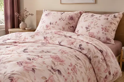 Parure de lit florale Namaste Rose en coton avec housse de couette et deux taies assorties.