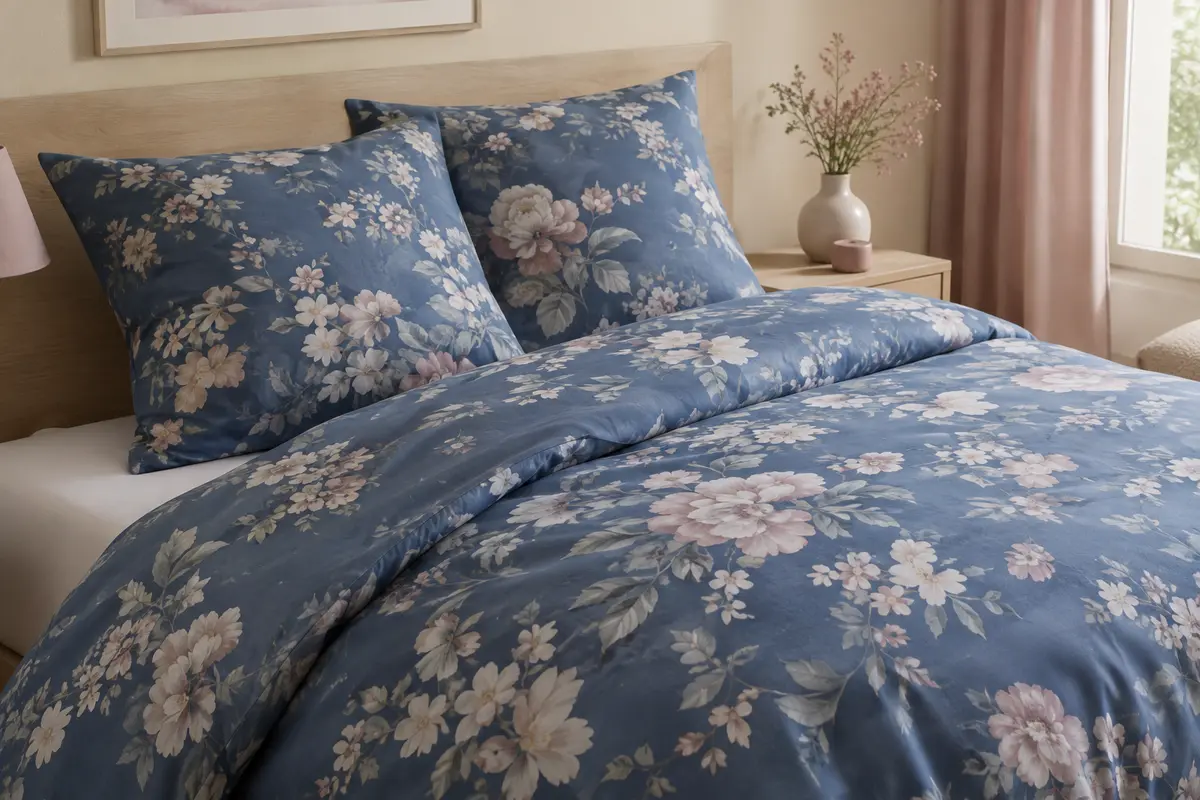 Parure de lit bleue à motif floral, avec housse de couette en coton et deux taies assorties sur un lit