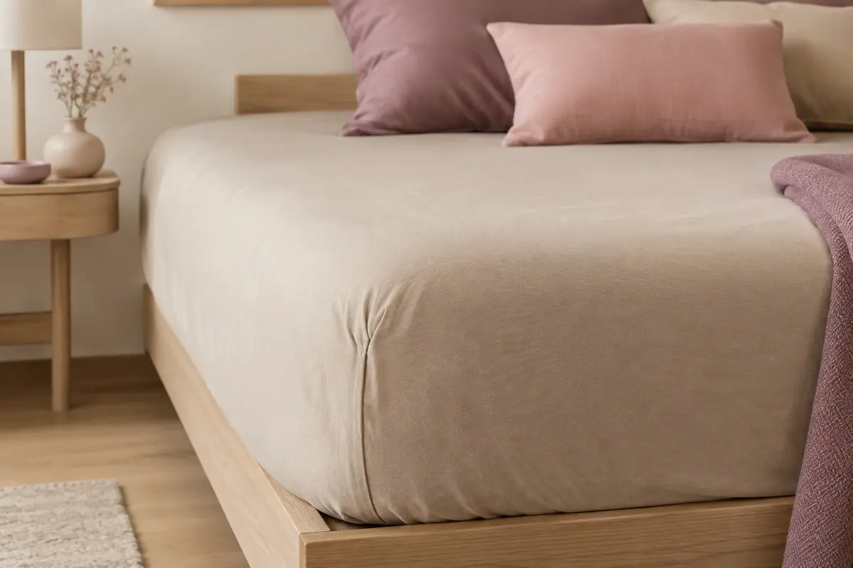 Drap-housse beige en jersey de coton ajusté sur un matelas, avec un tombé souple et des plis discrets
