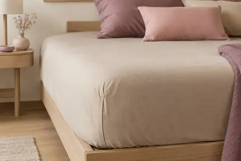 Drap-housse beige en jersey de coton ajusté sur un matelas, avec un tombé souple et des plis discrets