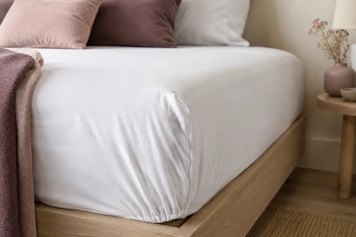 Drap-housse blanc en jersey de coton ajusté sur un lit simple, dans une chambre aux tons doux.